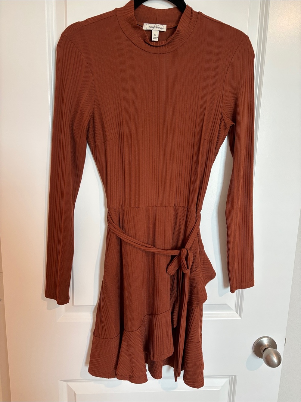 Speechless Rust Long Sleeve Ribbed Tie-Waist Ruffle Dress